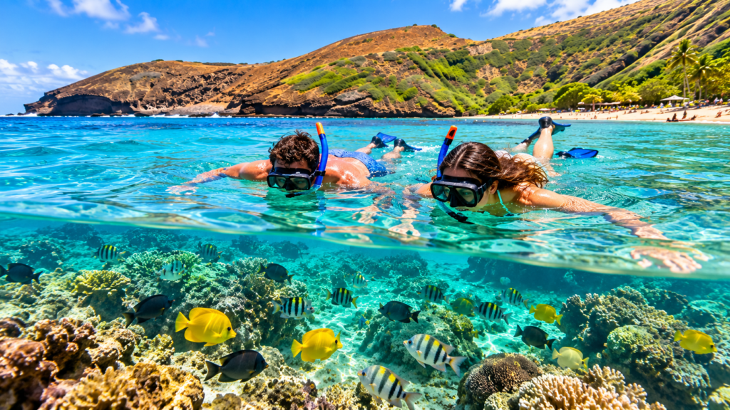 Snorkelers exploring clear turquoise water above a coral reef at Hanauma Bay on Oahu