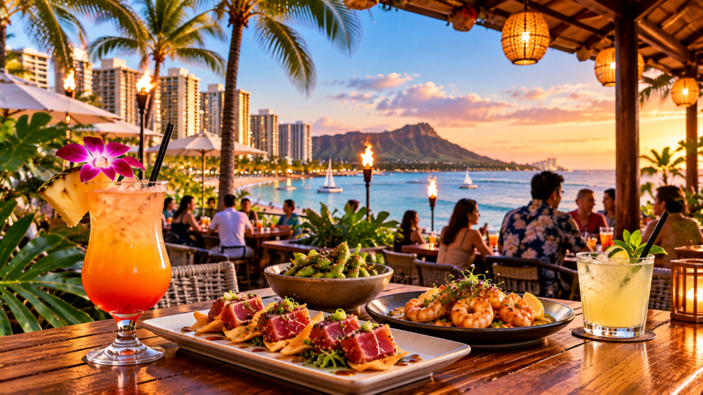 Waikiki happy hour with tropical cocktails, local appetizers, and ocean views at sunset