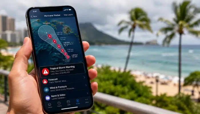 Checking hurricane tracking alerts on a phone in Hawaii