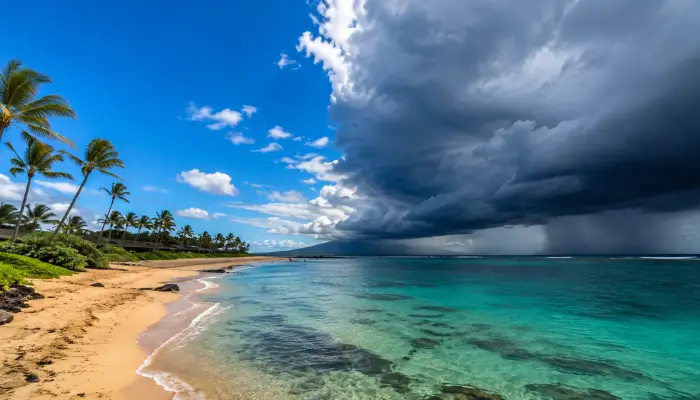 Contrast between calm and stormy skies during Hawaii hurricane season