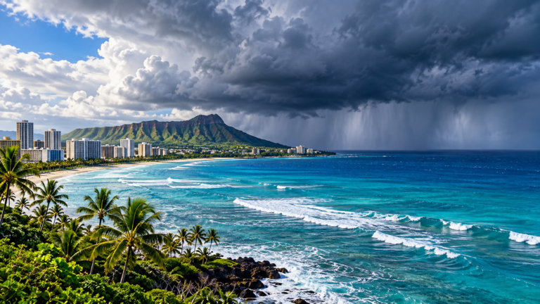 Hawaiian Islands hurricane season with storm clouds over the Pacific Ocean near Oahu