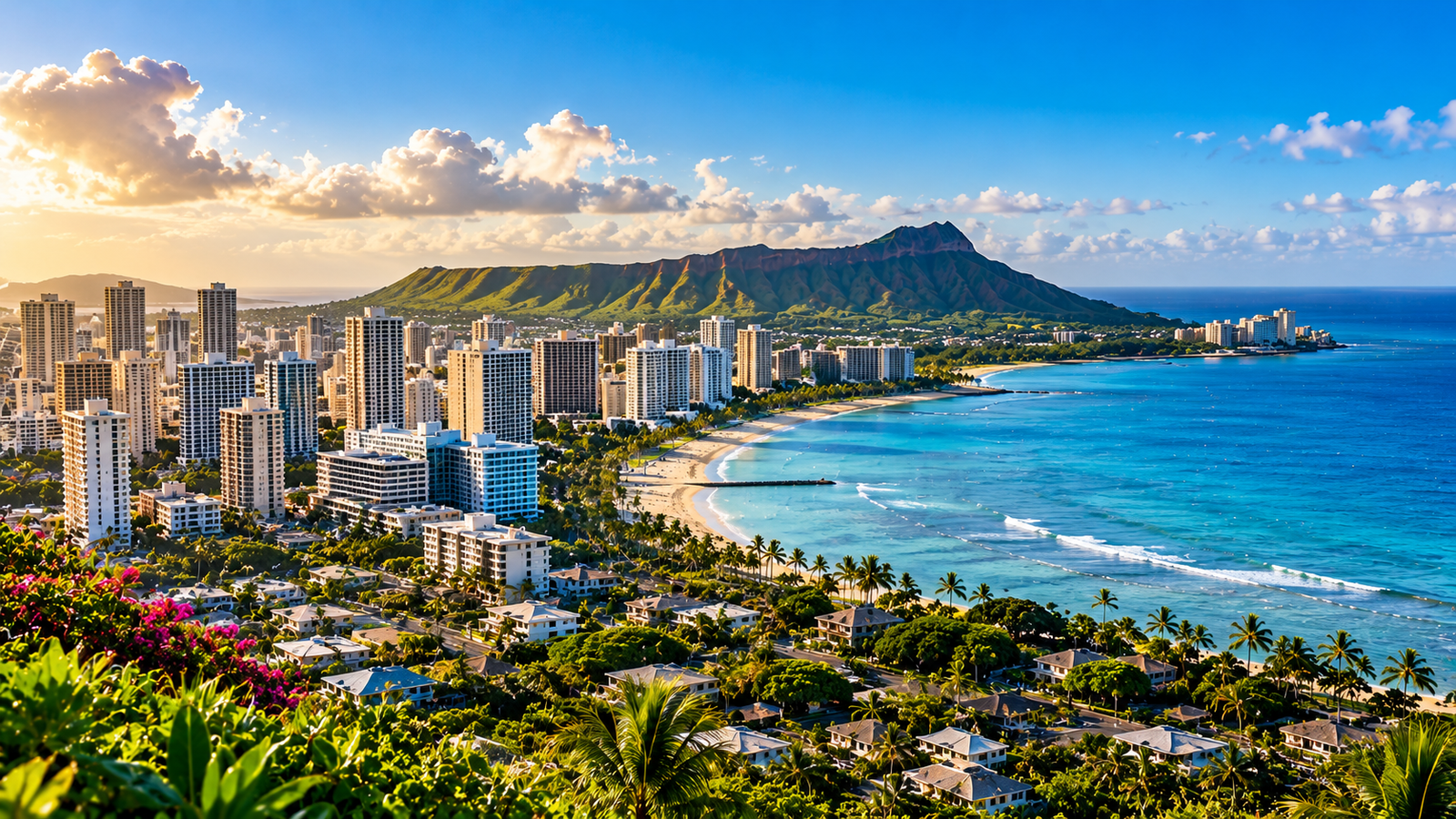Population in Oahu, Hawaii, showing Honolulu's coastal skyline, Waikiki Beach, and Diamond Head crater.