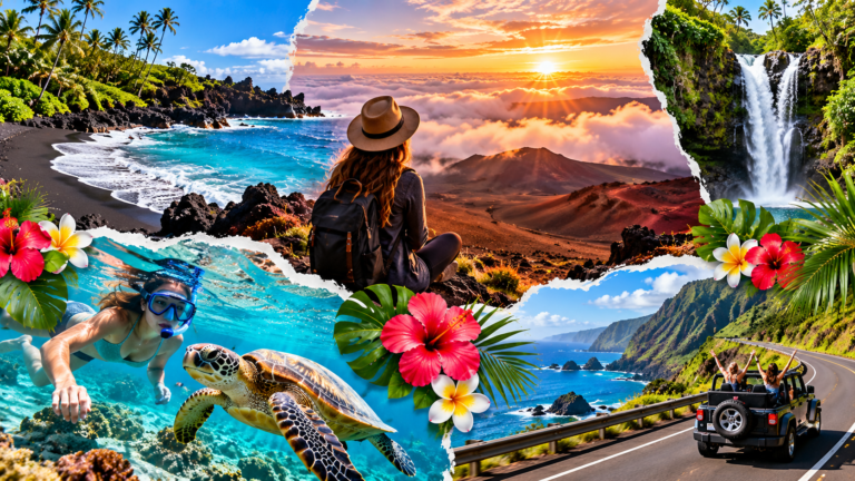 Maui coastal scenery with a black sand beach, waterfalls, and Haleakalā volcanic landscape