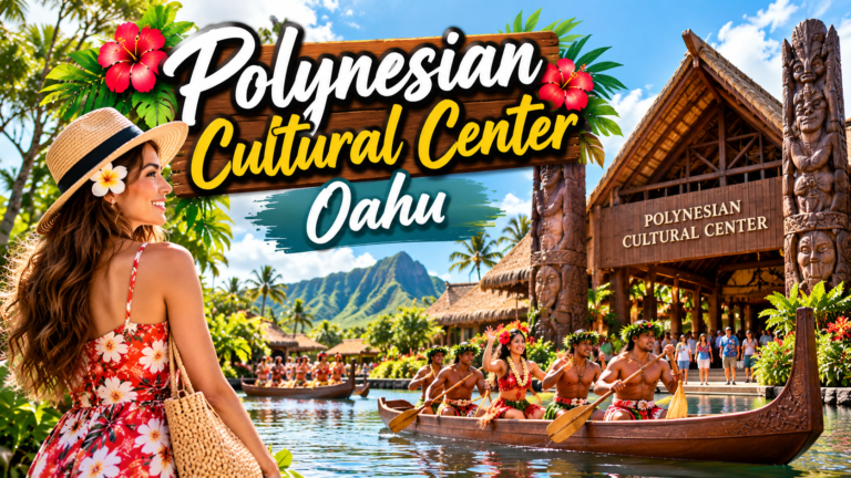 Polynesian Cultural Center Oahu with traditional island architecture, cultural performers, and canoe