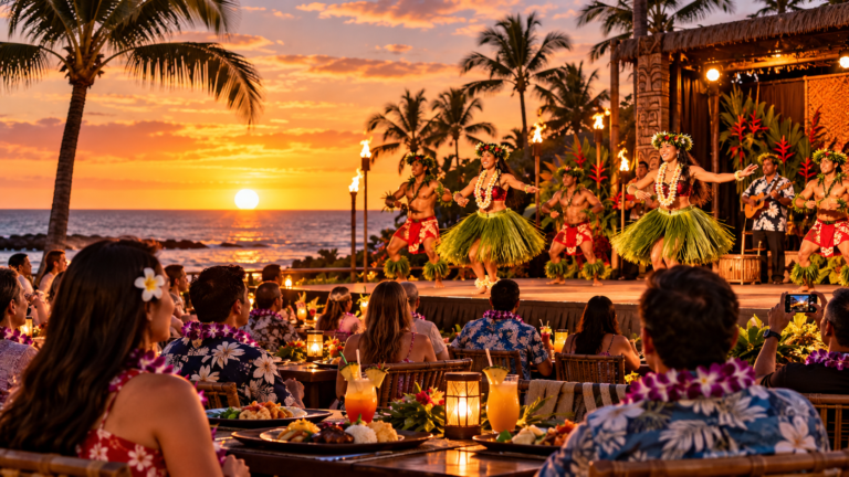Beachfront luau with Polynesian dancers, tropical dinner tables, and a colorful sunset on Oahu