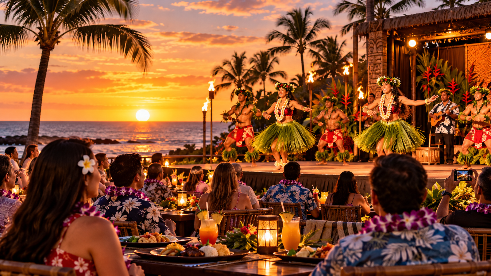Beachfront luau with Polynesian dancers, tropical dinner tables, and a colorful sunset on Oahu