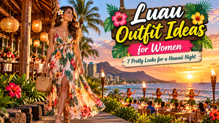Woman wearing a tropical floral dress at a Hawaiian luau during sunset