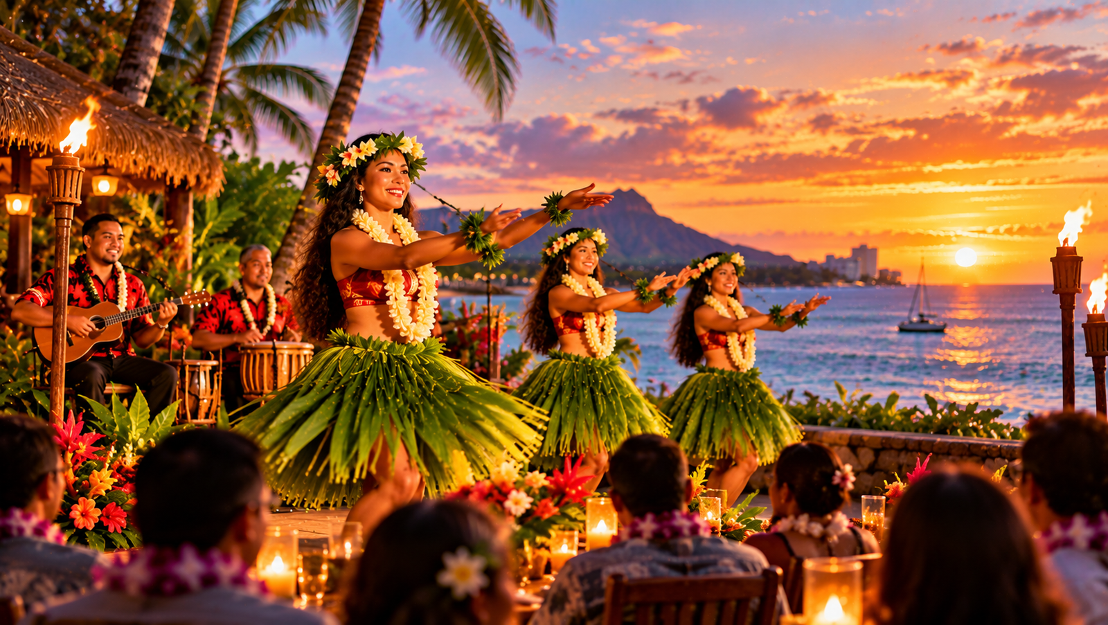 Hawaiian luau dancers performing with live musicians beside the ocean at sunset.