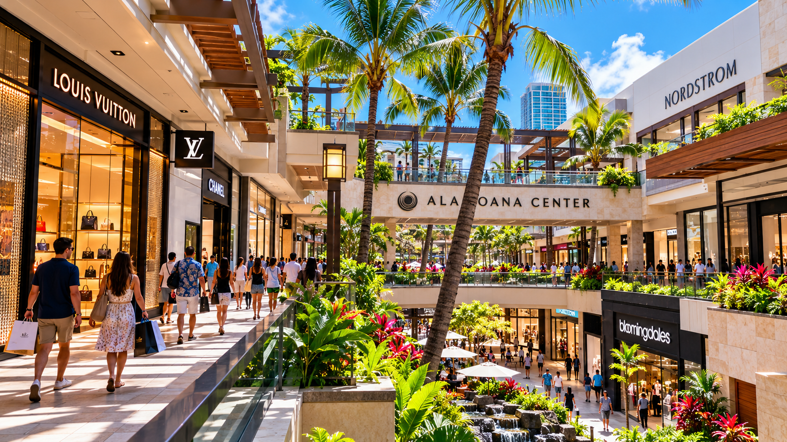 Open-air shopping walkways at Ala Moana Center in Honolulu, Hawaii.