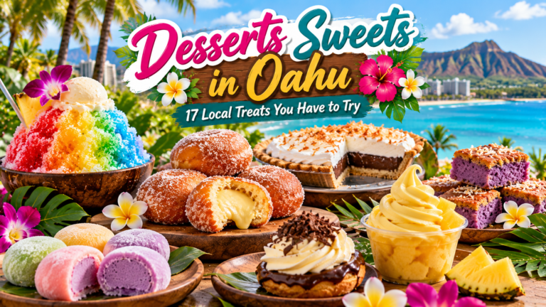 Hawaiian desserts in Oahu including colorful shave ice, malasadas, haupia pie, and butter mochi