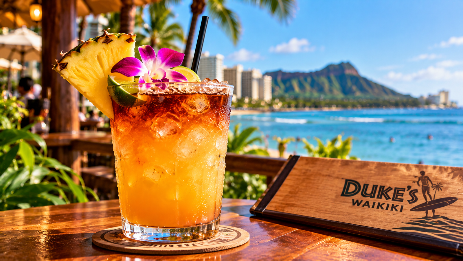 Tropical Mai Tai cocktail with a dark rum float, pineapple garnish, and lime in a Waikiki-inspired beachside setting.