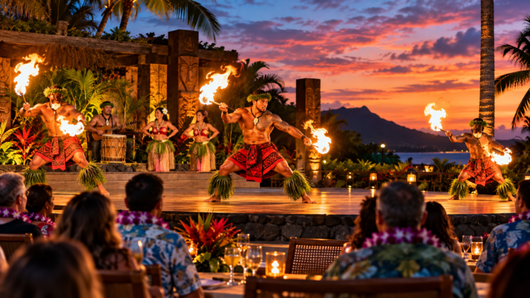 Mauka Warriors Luau-style Polynesian fire dancers performing on an outdoor stage at sunset in Oahu, Hawaii.