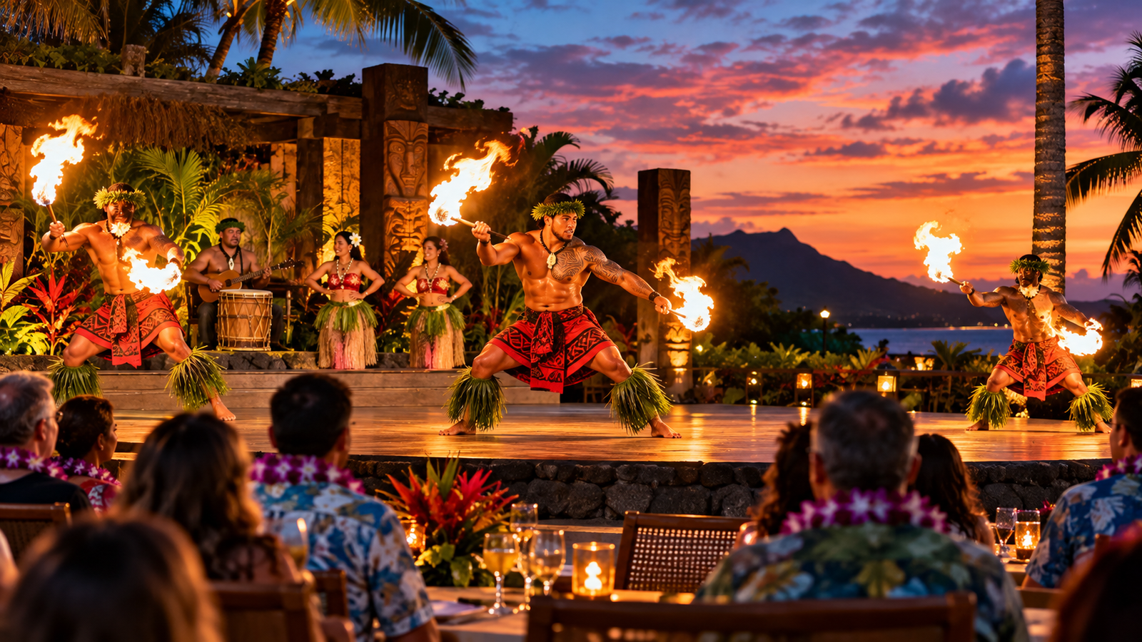 Mauka Warriors Luau-style Polynesian fire dancers performing on an outdoor stage at sunset in Oahu, Hawaii.