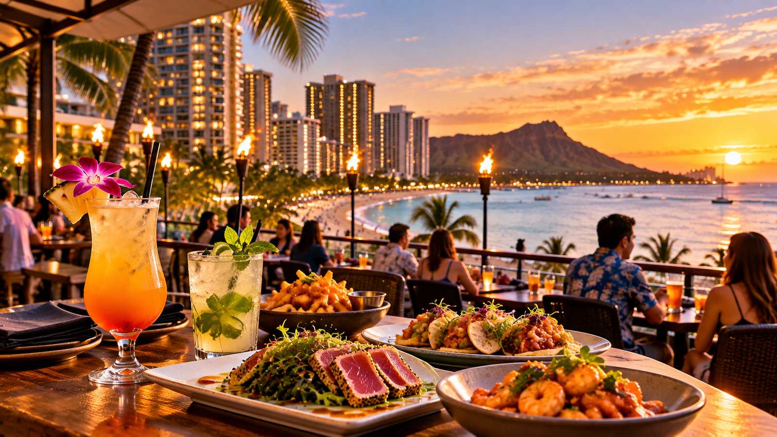 Waikiki happy hour at sunset with tropical cocktails, island-inspired food, and ocean views.