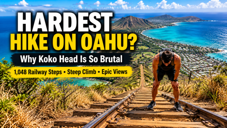 Koko Head Trail on Oahu with steep railway steps, coastal views, and a hiker taking a rest