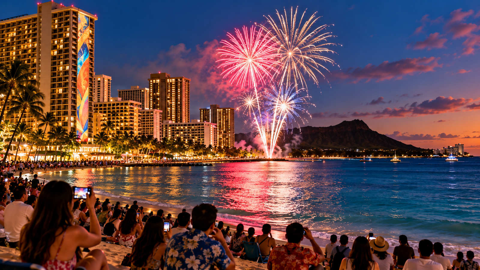 Friday night fireworks over the Waikiki shoreline near Hilton Hawaiian Village in Oahu, Hawaii.